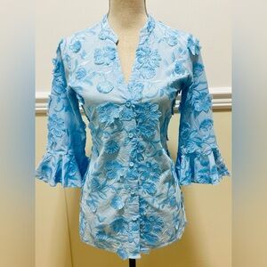 Figue Embroidered Blue Women's Button Blouse Vneck Small 100% Cotton